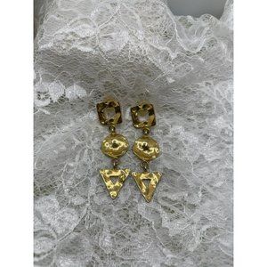 Vintage Triple Shape Gold Tone Dangle Earrings